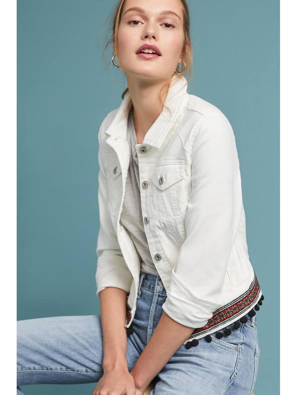 Pilcro by Anthropologie White Demin Pom Pom Jacket Size Small